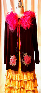 Burgundy Velvet Blouse w/ Pink Fake Fur Collar