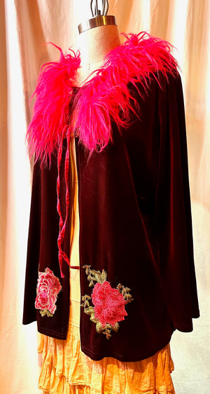 Burgundy Velvet Blouse w/ Pink Fake Fur Collar
