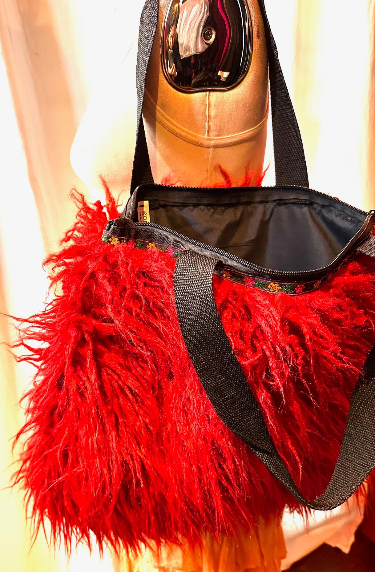 Red Fake Fur Mongolian Handbag