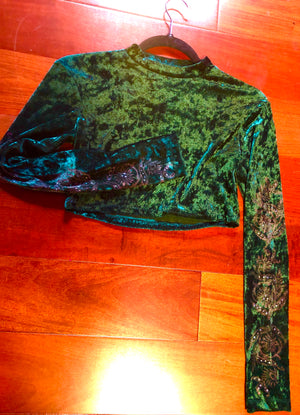 Green Stretch Velvet Crop Top w/ Sleeves