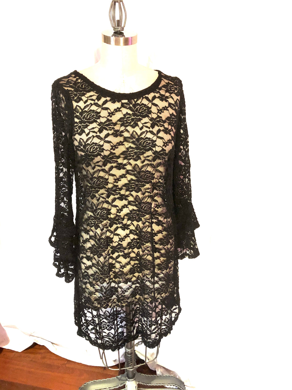 Black Stretch Knit Lace Dress