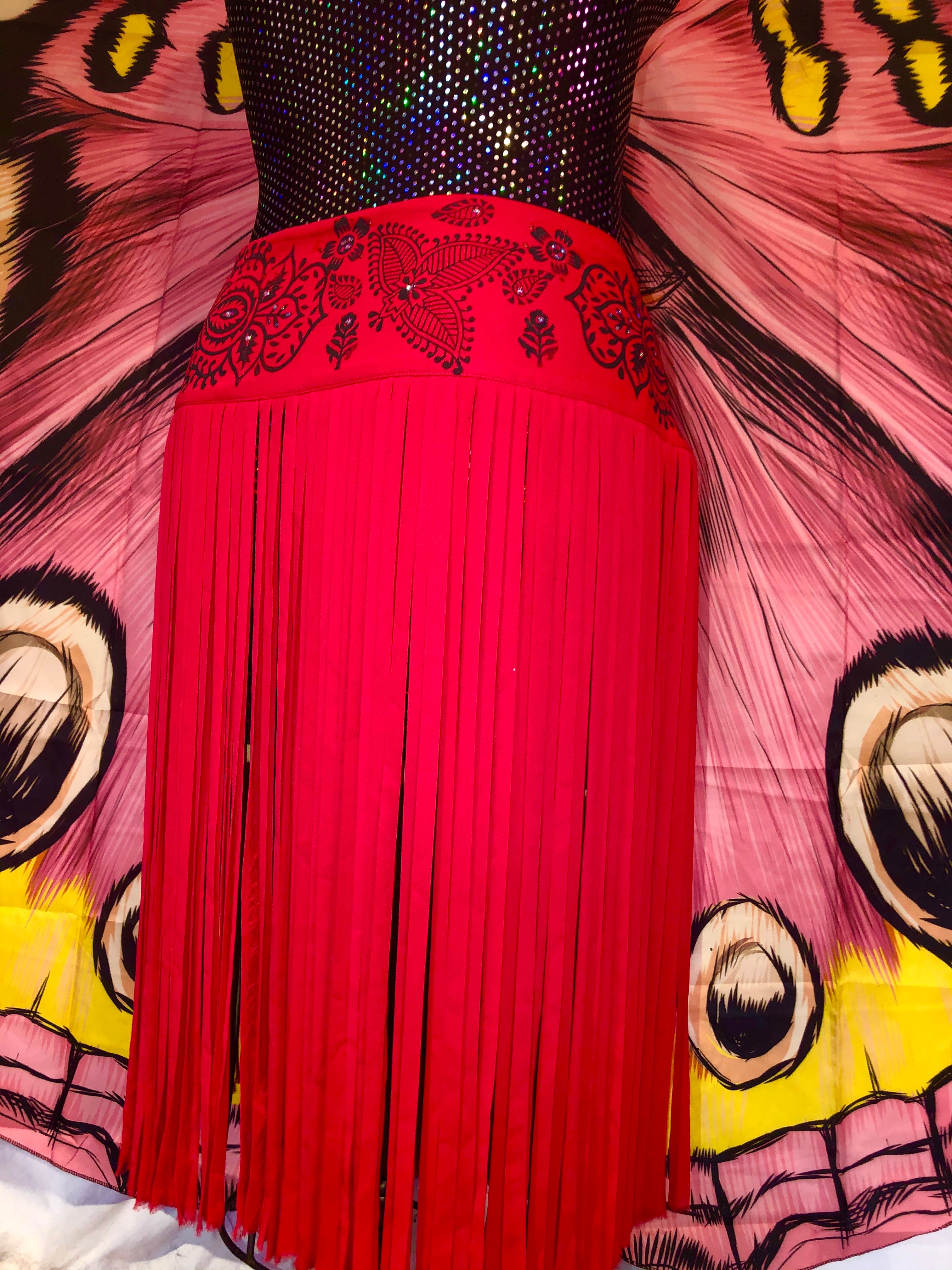 Red Long Fringe Wrap Skirt