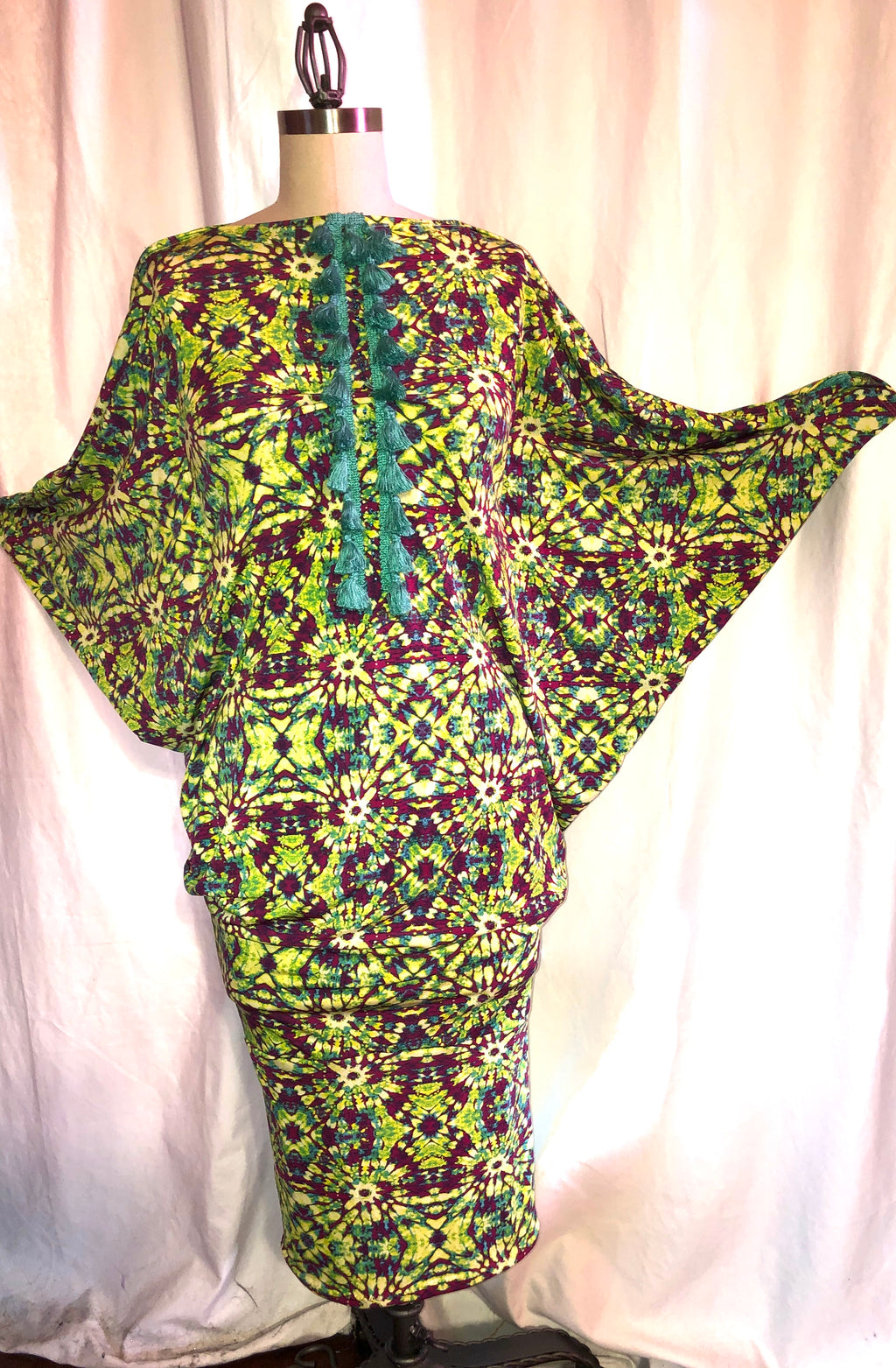 Colorful Caftan Dress w/ Bat Sleeves