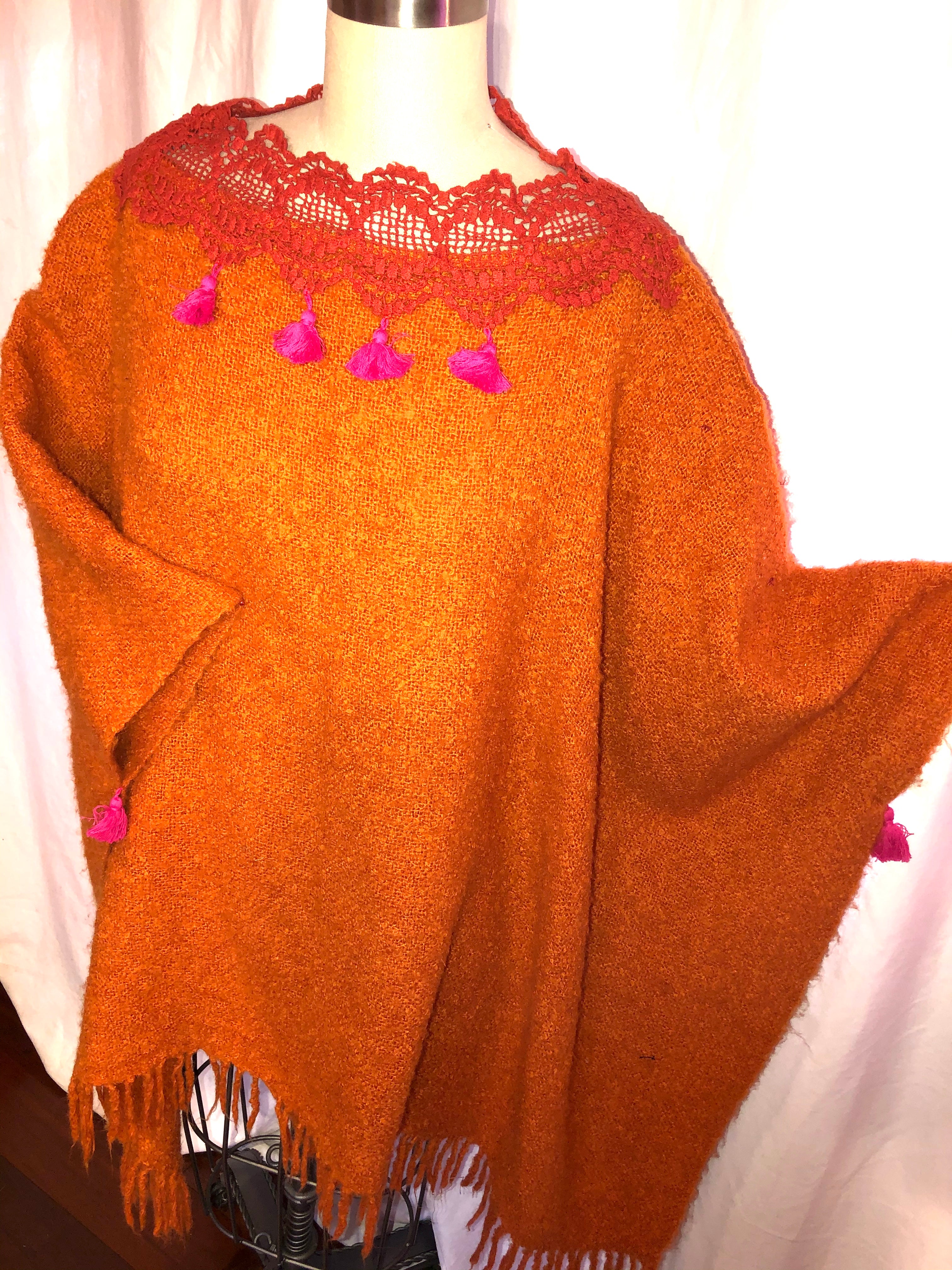 Orange Knit Poncho w/ Fringe