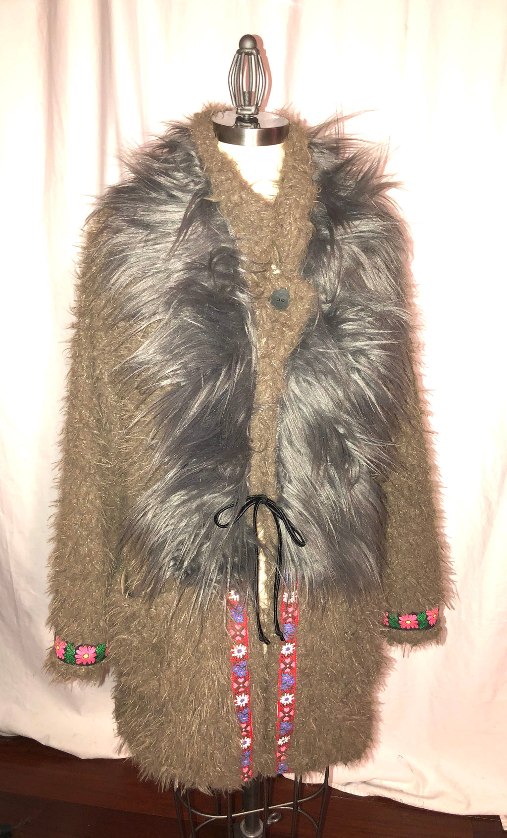 Light Brown Fake Fur Coat w/ Block Printed Lining