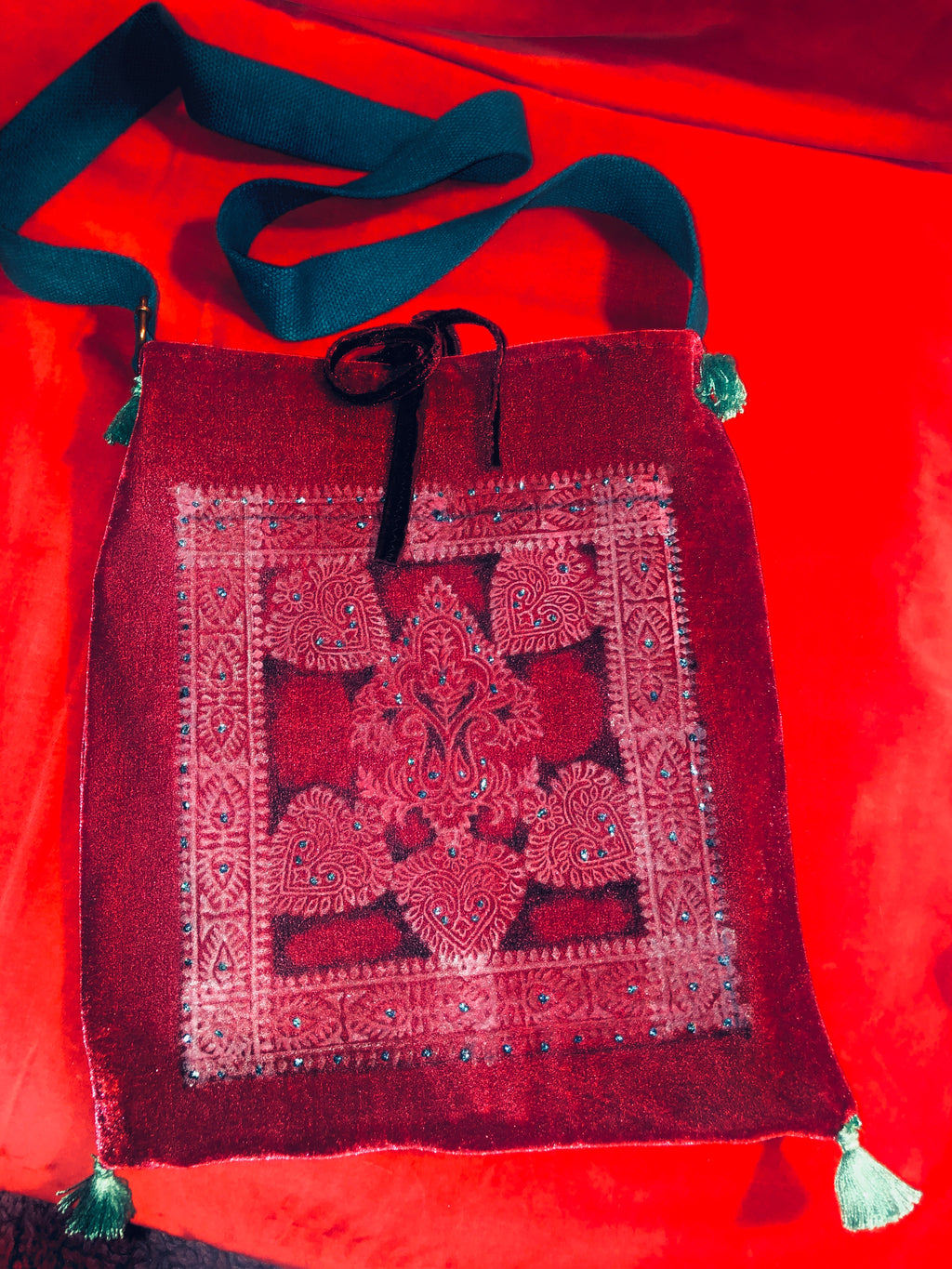 Velvet Handbag w/ Turquoise Strap