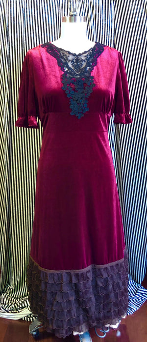 Burgundy stretch velvet long dress